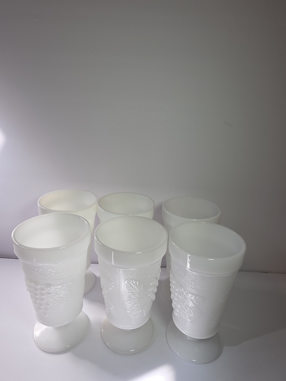 Vintage Anchor Hocking White Milk Glass Grape & Vine Pattern Stemmed Goblets 6pc